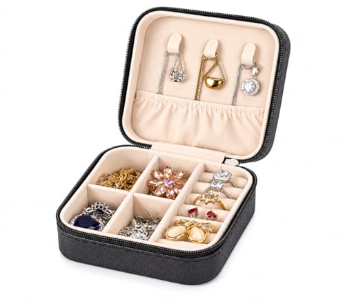 Image of 14 Slots Travel Jewelry Organizer Box for Women | Jewellery Storage Case with Ring Holder, Necklace Hooks & Removable Dividers | Mini Vanity Box for Earrings, Rings & Accessories - Black