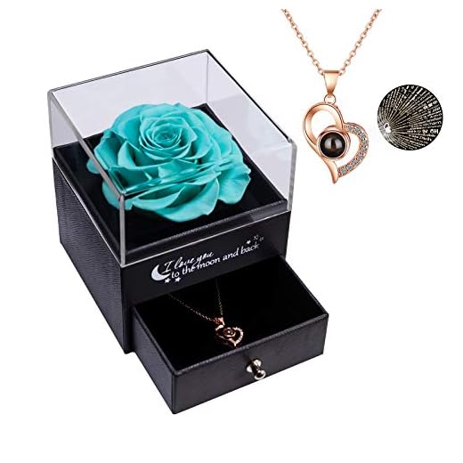 Yamonic Real Preserved Rose with Love You 100 Languages Necklace Gift for Her Box, Eternal Real Rose for Valentine's Day Mother's Day Wedding Anniversary Birthday Gift for Women Gril, Tiffany Blue