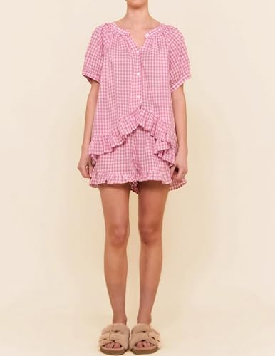 Womens 2 Piece Gingham Pajama Set Summer Outfits 2025 Cute Ruffle Pajamas Plaid Cotton Pjs Short Sleeve Matching Set4