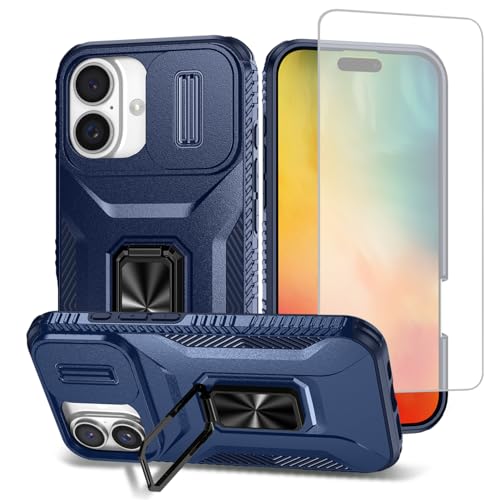 Coque iPhone 16 Plus antichoc bleue avec protège-caméra coulissant
