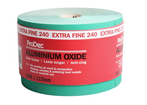 Image of ProDec 50m Roll 240 Grit Extra Fine Grade Green Aluminium Oxide Abrasive Sanding Paper for Sanding Wood, Paint, Plaster, Filler, Metal and More, 115mm Wide Sandpaper Compatible with Machine Sanders