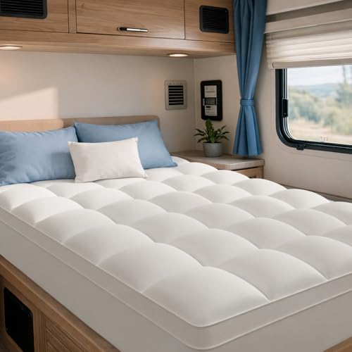 Image of ELEMUSE RV Short King Mattress Topper, Thick Pillow Top Mattress Pad | Overfilled down alternative filling adds plush comfort. Deep pocket design, fits for campers, motorhomes and trailers.