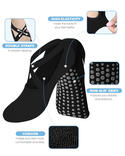 Image of Pilates Grip Socks - Non Slip, Skid Resistant, Ideal for Yoga, Ballet, Dance & Barefoot Workout - Black, Cute Socks with Grips & Straps