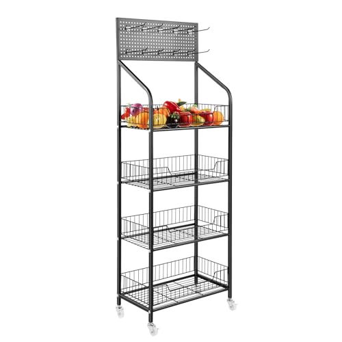 SanBouSi 4 niveles estantes de tienda supermercados aperitivos estante de caramelo expositor con ruedas y 10 ganchos, estante de metal para tiendas, supermercados, cocinas