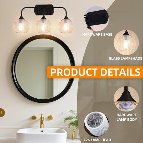 Image of MantoLite Bathroom Vanity Light 3-Light Crystal Wall Sconces Matte Black | Fog-Proof Modern Wall Lights 20'' Bathroom Light Fixtures Over Mirror Ribbed Glass,E26 Hardwired(Max 60W)