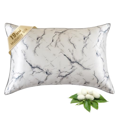 Image of THXSILK Natural Mulberry Silk Pillow Case, Mulberry Silk Pillowcase for Hair and Skin, Hypoallergenic Soft Breathable Pillow Cover with Hidden Zipper, 1pc (Grey Marble, Standard 20 inchx26 inch)