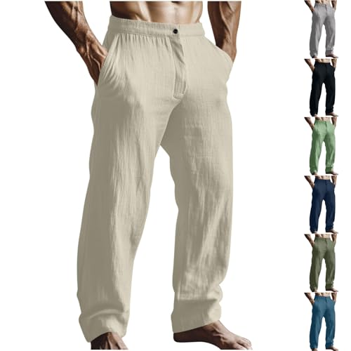 Linen Pants Men Casual Summer Loose Elastic Waist Flat Front Trousers Lightweight Comfy Yoga Beach Pants with Pockets
