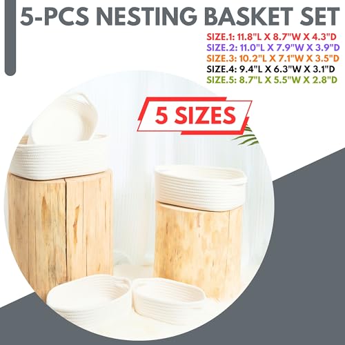 Image of MINTWOOD Design 5-Piece Small Decorative Woven Storage Baskets Set for Shelves, Bathroom, Pantry and Nightstand Organizer, Catch All Tray for Organizing Gifts, Dog and Cat Toys, Creamy White