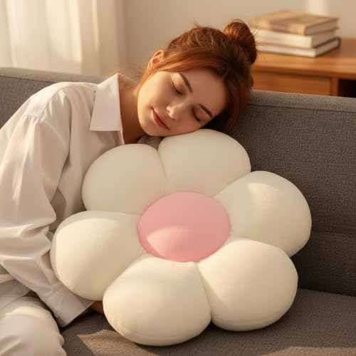 Image of AVS Sunflower Shaped 6 Kali Throw Pillow Cute Preppy Home Decorative Floor Cushion with Fibre Filling Aesthetic for Sofa Bedroom, Living Room, Car, Office (White, 50CM)