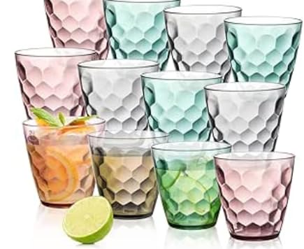 PORFOYO Juego de 12 vasos de agua de 325 ml, de plástico, irrompibles, para zumo, vino, fiestas, camping, pícnic, apilables, reutilizables, resistentes a los golpes
