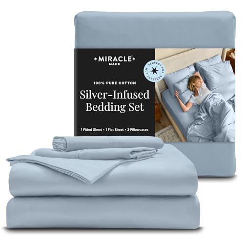 Image of Miracle Made Breathable Cotton Bed Sheets, 4-Piece Set - Silver-Treated, Soft and Cool-to-the-Touch Lightweight Bedding Designed for Hot Sleepers - Full Size, Sky Blue