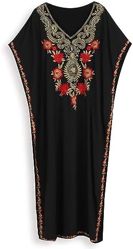 EDOLYNSA Moroccan Kaftan Dresses for Women Plus Size Caftans Loungewear Embroidered Beach Kaftan Cover up mumu House Dress