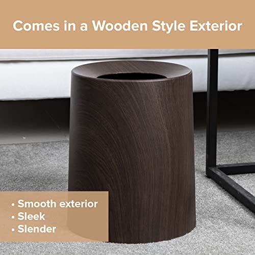 Image of Spill Proof Kids Pet Friendly Garbage Can - Dark Walnut Wood Color Trash Bin - Top Indoor Outdoor Office Bedroom Bathroom - 3.2Gal - Patio Bar Loft Den - Round Designer Waste Basket - 10inx10inx12in