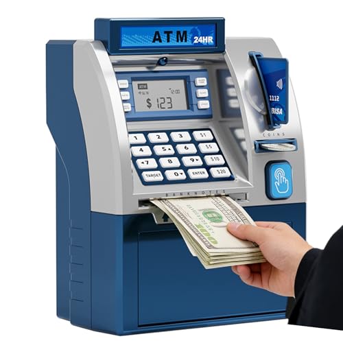 Hucha Electrónica para Niños ATM, Caja Fuerte Inteligente para Tarjetas Bancarias, Hucha para Niños, Juguete De Regalo con Almacenamiento Automático De Billetes De Banco (Azul)