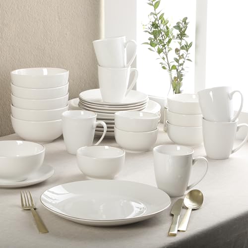 Image of Gibson Home Ogalla 30 Piece Plates, Bowls, & Mugs Dinnerware Set - Service for 6 - White Porcelain W /Gold Band