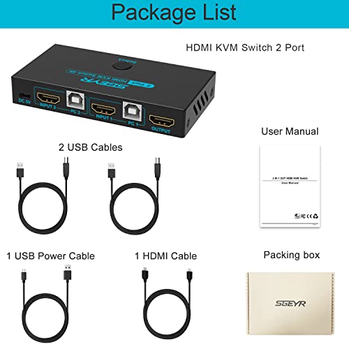 Sgeyr 2X1 Hdmi Kvm Switch 4K Usb Kvm Switch 2 Pc 1 Monitor Kvm Switch Keyboard And Mouse Share Support 4Kx2K @ 30Hz 3D 1080P For Pc Ps4 Xbox With 1 Hdmi Cable And 2 Usb Cables #TOP6