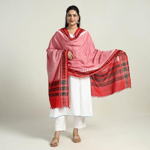 Image of Cotton Dupatta with weaving and Ikat woven border from the Weavers Stole for Girls & Women