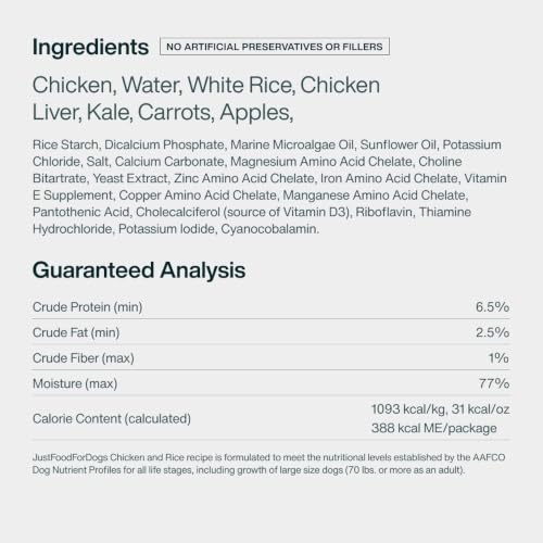 JustFoodForDogs Pantry Fresh Wet Dog Food, Complete Meal or Dog Food Topper, Chicken & White Rice Human Grade Dog Food Recipe - 12.5 oz (Pack of 12)