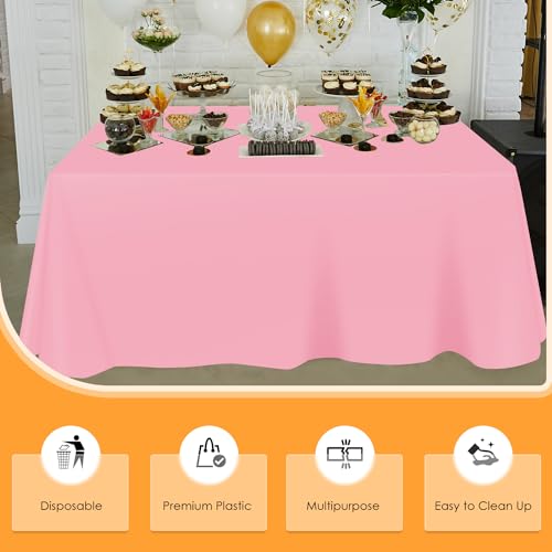Image of tujol Pink Disposable Plastic Table Cloth Roll 54 inch X 100', Plastic Table Cover with Cutter Box, Cut to Size Disposable Tablecloth for Parties