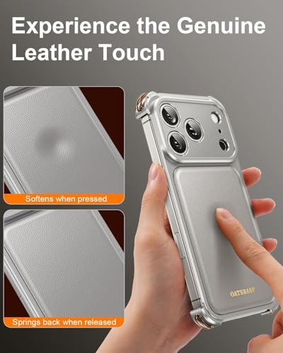 Image of Luxury Leather Phone Case Compatible with iPhone 17 Pro | Frameless Aluminum Alloy Bumper | Shockproof Cover - Silver