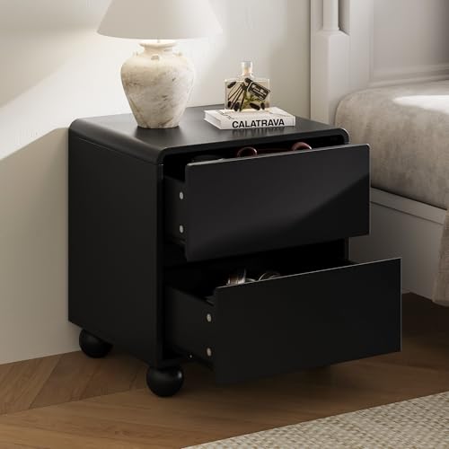 Image of MAISONARIA Curved Nightstand Set of 2, Modern Nightstand with 2 Large Storage Drawers, Wooden Endside Table for Bedroom, Black
