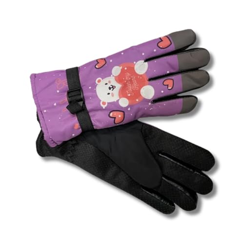Purple Anti-Slip Warm Gloves – Cartoon Bear Print Winter Gloves for Girls3