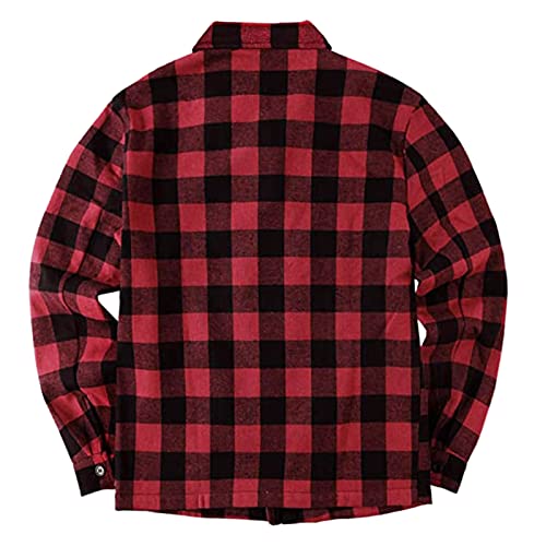 Herren Flanelljacke Jacke Kariert Flanellhemd Karohemd Thermohemd mit Reißverschluss Fleece Gefüttert Winterjacke (Rot, XL)