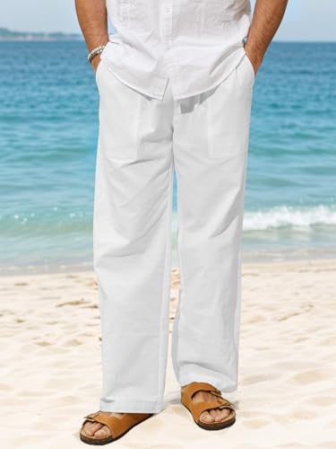 Mens Summer Casual Linen Pants Beach Elastic Drawstring Waistband Loose Fit Slacks with Pockets2