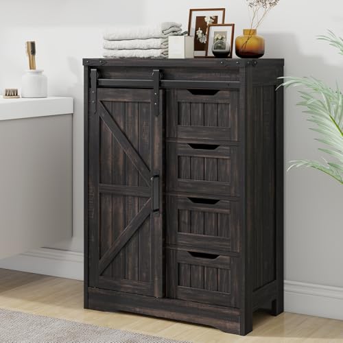 Farmhouse Bathroom Floor Storage Cabinet with 4 Drawers, Bathroom Cabinet