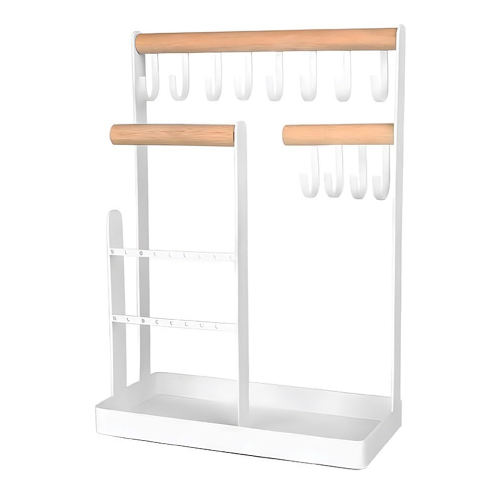 CJHFR472SG Jewelry Organizer Stands Wooden & Metal Jewelry Organizer Stand with Hooks Tray for Necklaces Earrings Bracelets Jewelry Display Stand(White)