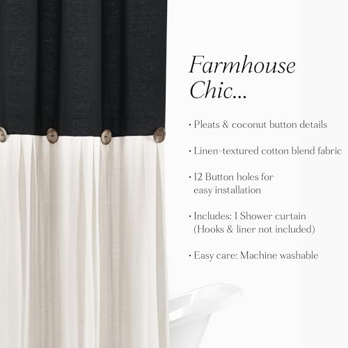 Image of Lush Decor Linen Button Shower Curtain, 72 inch W x 72 inch L, Black & Off White - Black Shower Curtain Fabric - Bathroom Curtain - Farmhouse Bathroom Decor