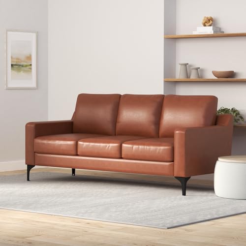 Image of Serta Triton 78 inch Sofa, Transitional Modern, Dreamcoil Comfort, Metal Legs, Vegan Leather, Brown