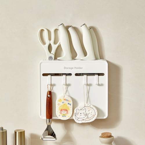 Image of SKYTONE Wall Mounted Kitchen Organizer Rack with 4 Adjustable Hooks & Towel Bar, Space Saving Wall Storage for Knives & Utensils, ABS Rust-Resistant Black (Knife Holder)