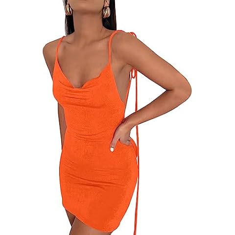 Vssjavun Women’s Summer Spaghetti Strap Backless Dress Sexy Bodycon Low Draped Back Party Club Cocktail Mini Dress Orange Cover