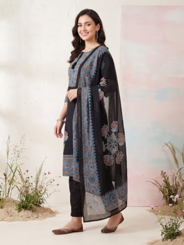 Image of INDO ERA Women's Pure Cotton Abstract Printed Mirror Work Kurta & Pant with Dupatta Set (IEAI13205)|Cotton Suits For Women With Dupatta