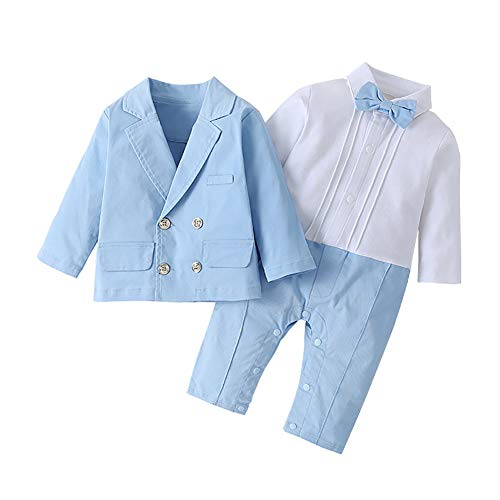 Baby Boy Formal Suit Gentleman Christening Baptism Outfit Long Sleeve Jumpsuit Tuxedo Waistcoat Jacket Bow Tie Overall Romper Wedding Party Blessing Suit Ring Bearer Dress Clothes Blue 12-18 Months