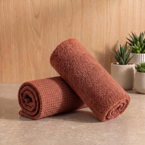 Image of Mush Bamboo Dual Texture Waffle Terry Hand Towel Set of 2 | Ultra Soft, Highly Absorbent, Quick Dry | Hand Towels for Bathroom, Gym & Travel (40x60 cm, 450 GSM) Burnt Orange