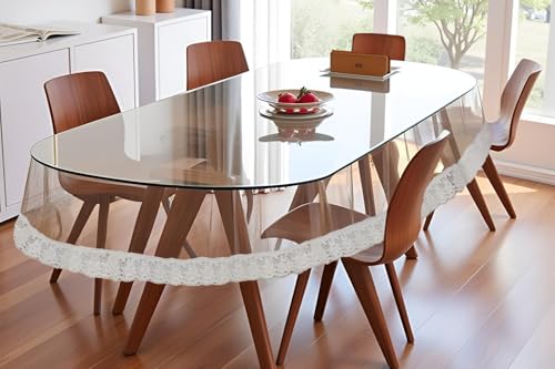 Image of The Furnishing Tree Oval Shaped 8 Seater Transparent Table Cover WxL 60x90 inches 0.25 mm Thickness with White Lace