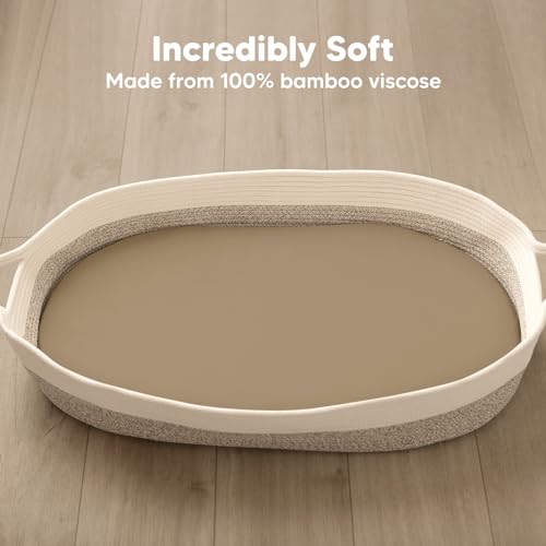 Image of 2-Pack Baby Bassinet Sheets Girl, Boy - 33x17 Viscose Derived from Bamboo Bedside Mattress Fitted Bassinet Sheets, Compatible with Halo Bassinest Swivel Sleeper, Baby Delight, Graco (Pecan)