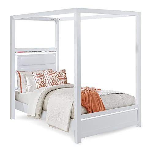 Bella EspritSolid Wood/Faux Leather Twin Bed Canopy with LED Lighting in White
