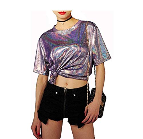 Ankomina Women Teen Girls Shiny Glitter Metallic T Shirt Tank Tops Holographic Rave Festival Party Blouse #TOP1