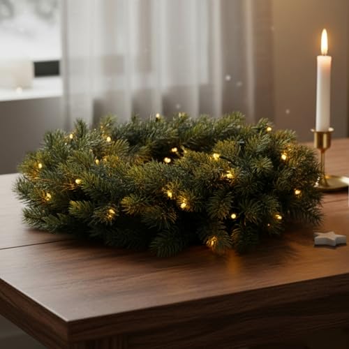 Kunst Tannenkranz 40 cm warmweiß beleuchtet für Außen mit Timer -...