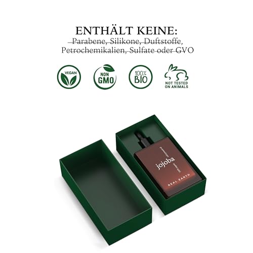 Jojobaöl Bio 100ml – 100% Reines & Kaltgepresstes Gesichtsöl – Für Haut, Haare, Nägel – Feuchtigkeitspflege gegen Akne, Falten & Dehnungsstreifen – Vegan – Real Earth