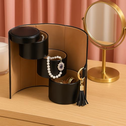 Image of Luxury Travel Jewelry Organizer Case - 3-Layer Cylinder Storage Box for Rings, Earrings, Bracelets - Portable PU Leather Case for Women & Girls (Solid Black)
