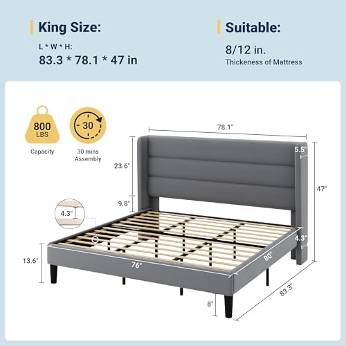 Image of Allewie King Size Platform Bed Frame with Velvet Upholstered Wingback Headboard, No Box Spring Needed, Under Bed Storage Space, Strong Wooden Slats, Modern Mattress Foundation, Easy Assembly, Grey