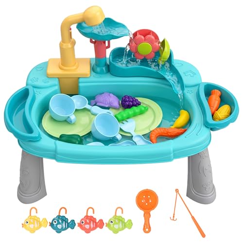 Fregadero de juguete con agua para niños y mesa de pesca 3 en 1