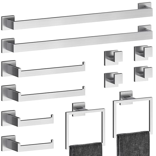 24 Inch Brushed Nickel Bathroom Hardware Set, Square Bath Towel Bar Set, SUS 304 Stainless Steel Bathroom Hardware Set, Towel Racks for Bathroom Wall Mounted (12 pcs/24 Inch)