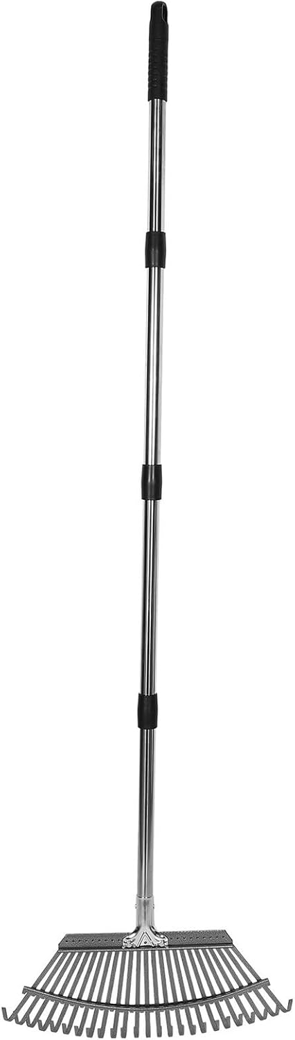 Heavy Duty Garden Rake with 25 Stainless Steel Tines and Steel Handle, Multi-Section Leaf and Soil Raking Tool for Lawn, Flower Bed, and Landscaping Cleanup