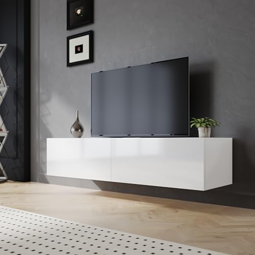 SIRHONA Meuble TV Blanc, Meuble Tele Peut être Suspendu ou Posé au Sol, 2 Placards avec Portes, Super Espace de Rangement， 140x40x30cm, Convient pour Salon ou Chambre