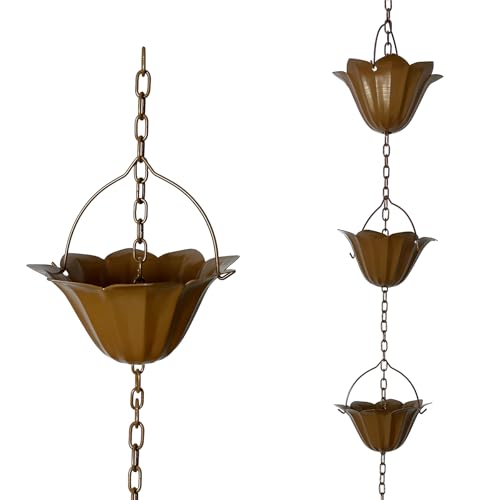 Rain Chain for Gutters – Multi-size Adjustable Copper-Colored Rain Chains with 10 Large Lotus Cups – Decorative Gutter Chain Downspout Alternative – Rain Catcher Chain & Garden Water Feature